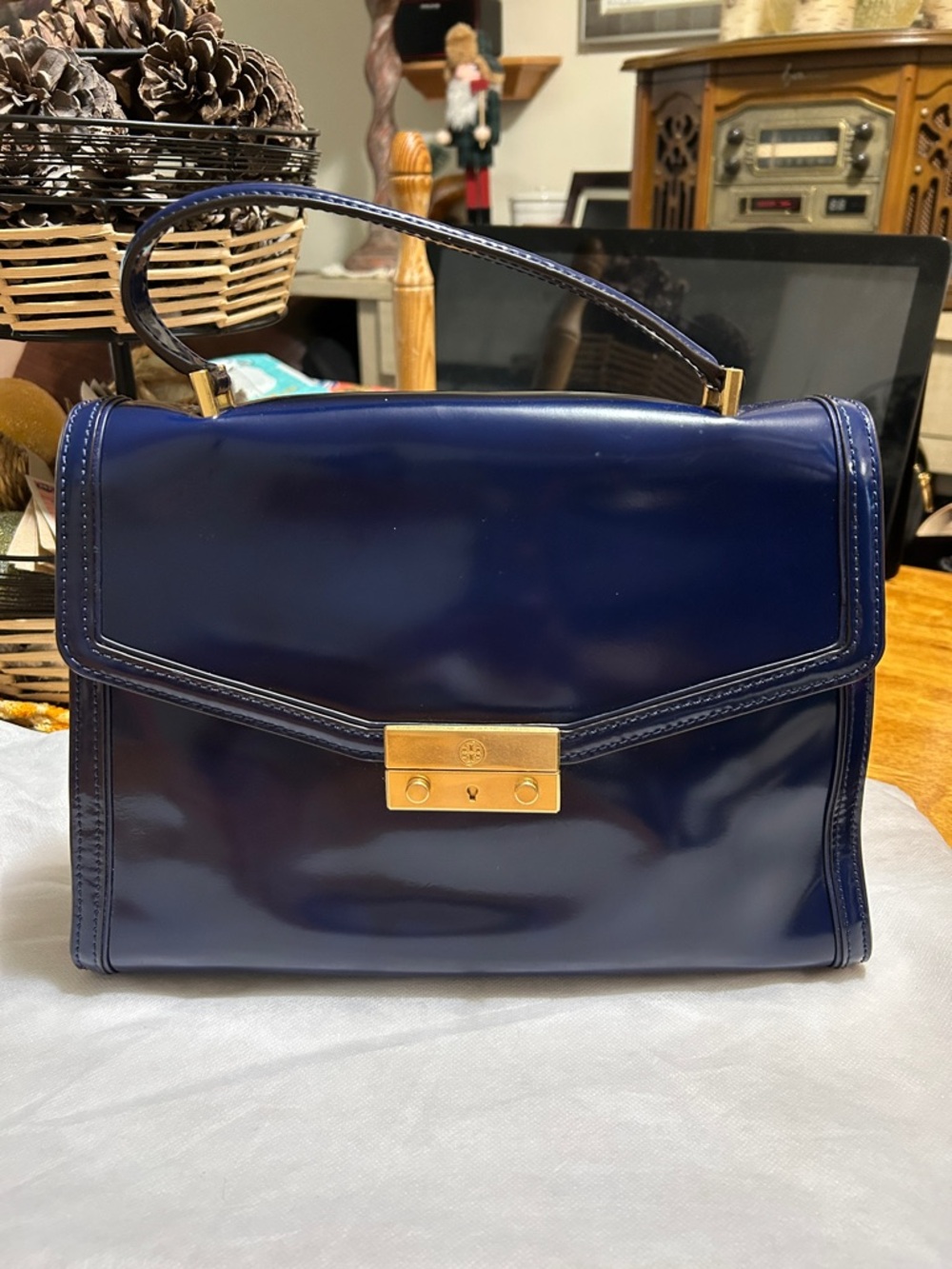 Tory Burch Navy Patent Top-Handle Shoulder Bag with Gold Lock